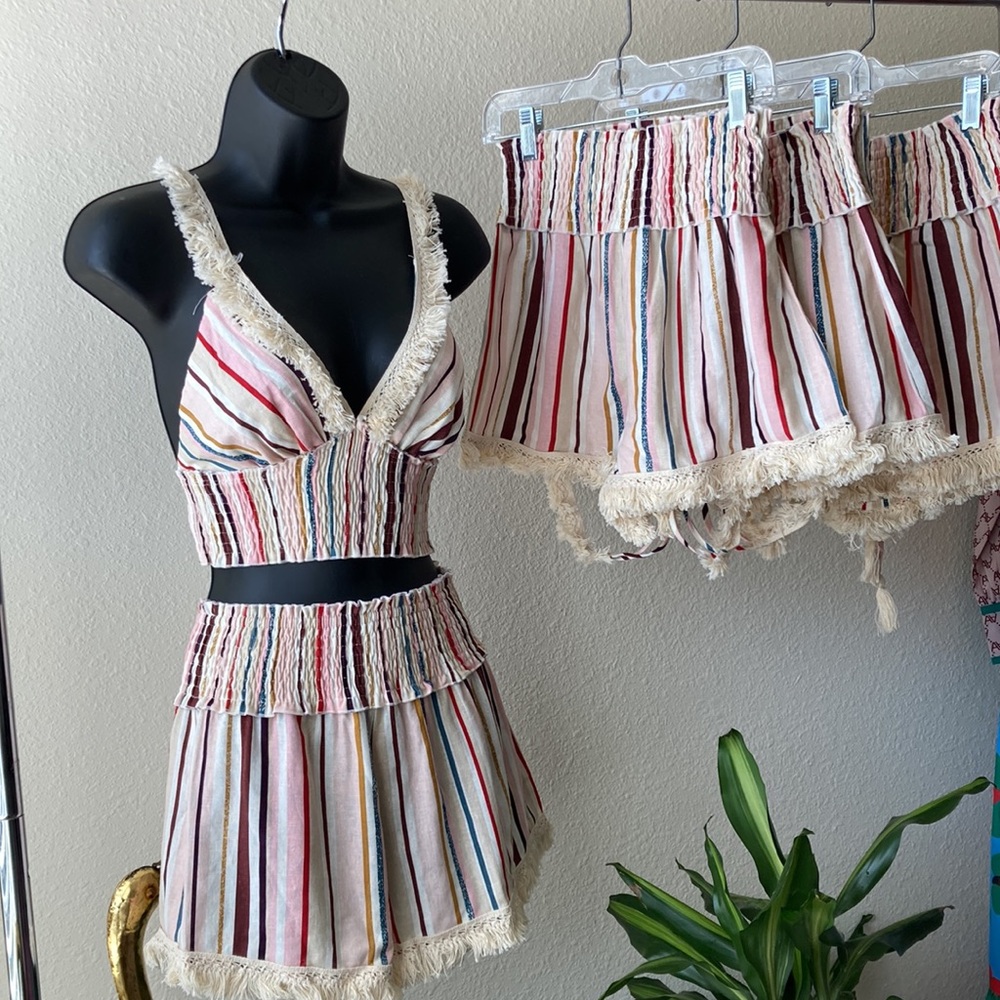 Striped Fringe Linen Short Set